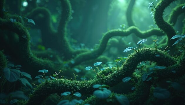 Lush green moss covers twisting vines and small plants in a dim, misty forest. Sunlight filters through canopy, illuminating delicate leaves in a natural, organic pattern.