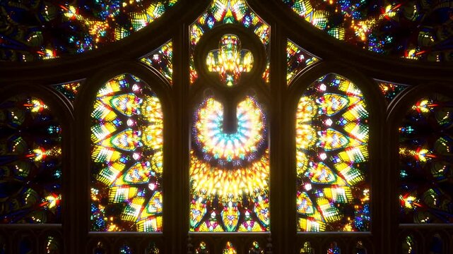 Gothic church stained glass window with vibrant light effects and ornate patterns for ambiance, architecture.
