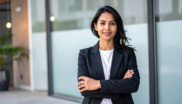 Smiling woman in black blazer with arms crossed poses in front of glass building, looking directly at the camera