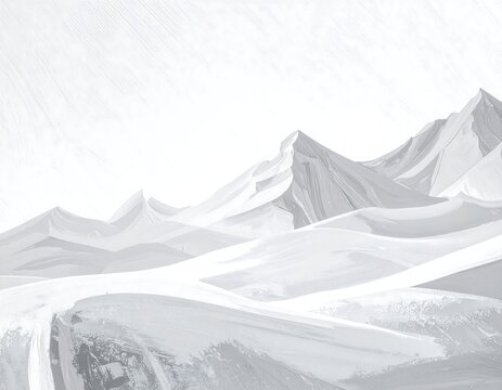 Snow-covered mountains reach towards a bright, overcast sky, creating a vast, wintry, minimalist, monochrome landscape