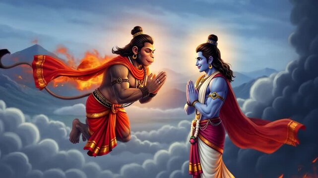 Digital Illustration of Rama and Hanuman Meeting in the Sky During Ram Navami Festival