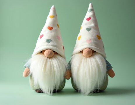 Two handmade gnomes with white hats decorated with hearts. Soft toys wear blue shirts and green bottoms. These little figures stand against a plain light green backdrop.