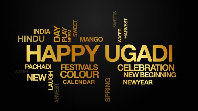 Happy ugadi concept Animated Tag Word Cloud kinetic typography, Text Design Animation typography seamless loop video motion graphics Intro Wordart festive gold golden type on black background bg backd