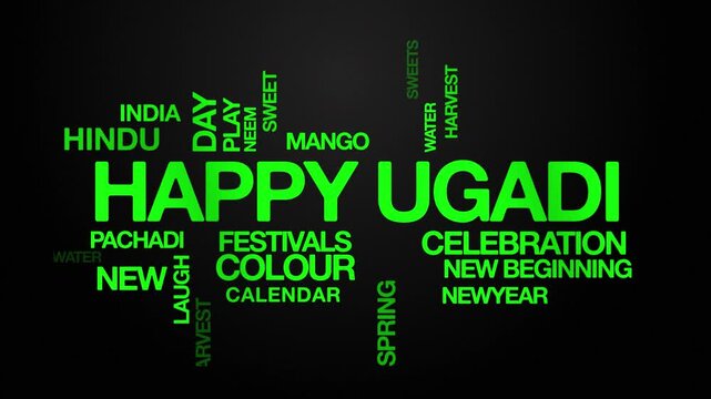 Happy ugadi concept Animated Tag Word Cloud kinetic typography, Text Design Animation typography seamless loop video motion graphics Intro Wordart festive green type on black background bg backdrop