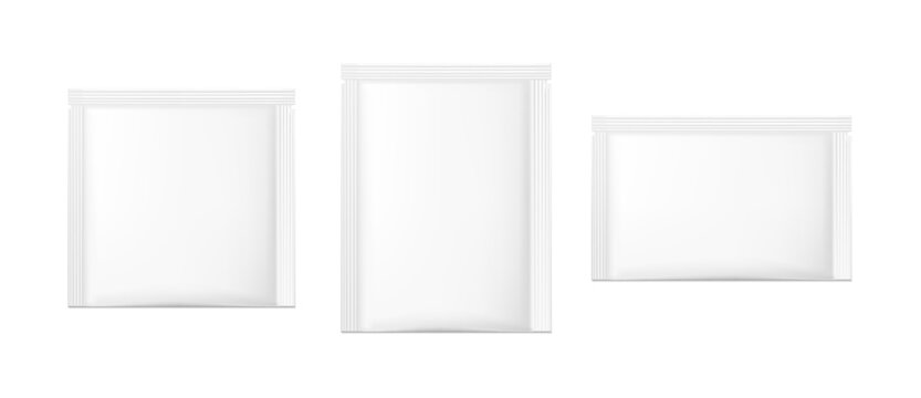 3d realistic vector illustration. Set of blank white sugar or food packaging sachets mockup.