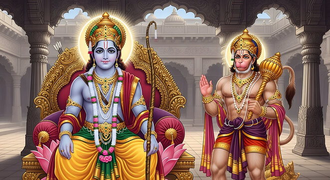 Divine Rama and Hanuman in Royal Setting with Sacred Aura in Traditional Hindu Art Style