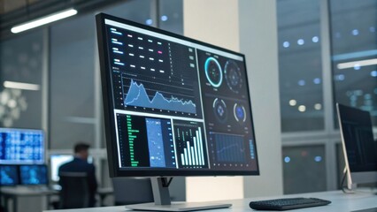 Fototapeta premium A modern office setup with a widescreen monitor displaying data charts and graphs, while a blurred figure works in the background.