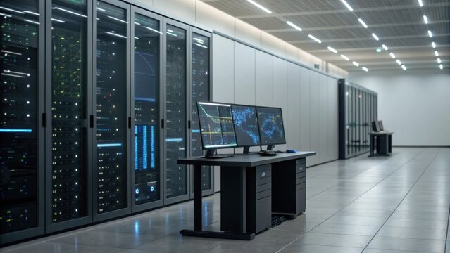 A modern data center room with multiple server racks and a desk featuring three monitors displaying data visualizations.