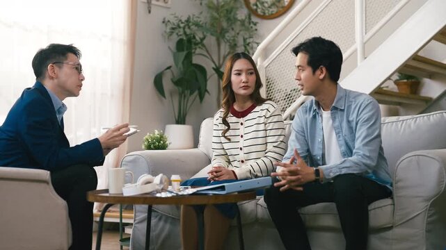 couples therapy session, a marriage counselor consults with a young couple for family therapy, offering relationship counseling, marriage help, family support, anxiety therapy, depression support	