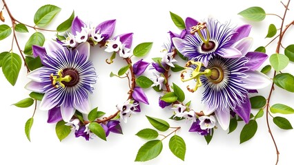 Photorealistic Passionflower Wreaths: Crescent Purple and White Blooms, Corona Filaments, Stigmas, Lobed Leaves on White Background