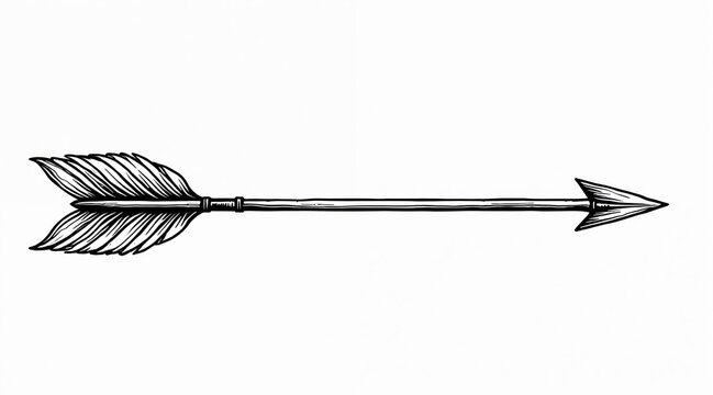 Black and white arrow graphic points right. Simple line art shows feather fletching and arrowhead. Clean visual design element for direction or progress.