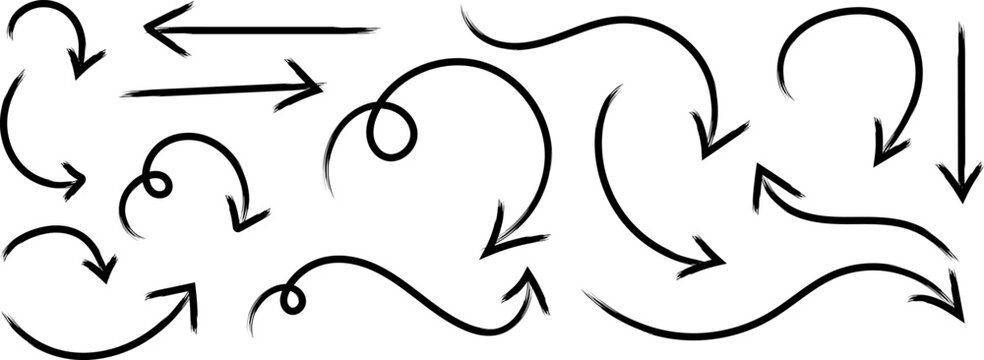 A collection of diverse hand drawn black arrows and curved lines illustrates various directional flows and looping patterns on a white background