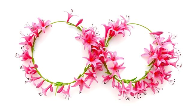 Two photorealistic crescent-shaped wreaths formed from pink nerine flowers with spider-like recurved petals and long stamens on a white background