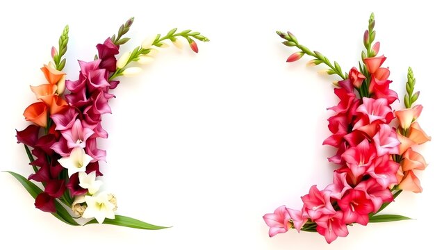 Photorealistic gladiolus wreaths: pair of crescent-shaped floral garlands with tall spike blooms in mixed colors and sword-shaped leaves on white