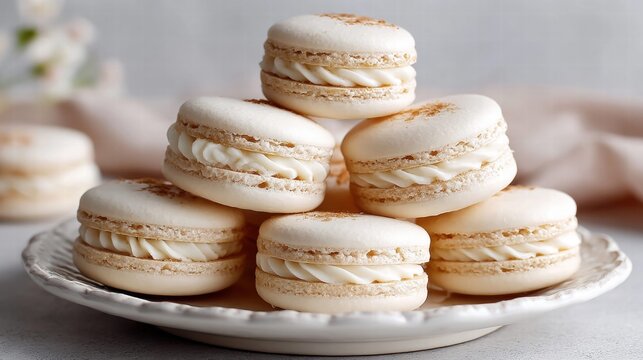 Delicious stack of vanilla macarons on a decorative plate, a sweet treat.