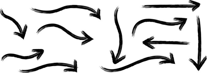 A collection of hand painted black brushstroke arrows pointing in various directions suggesting movement and flow with artistic flair high quality professional detailed