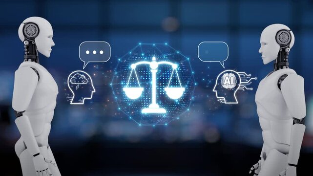 Two humanoid robots engage in a thoughtful discussion about ethics and law, with digital representations of scales and icons symbolizing artificial intelligence and human reasoning. Synapse