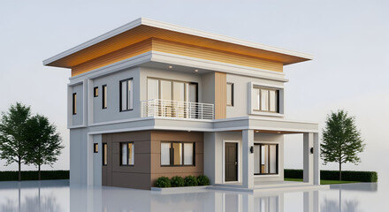 Modern two-story house with sleek design, balcony, and covered porch surrounded by lush greenery and a serene environment.