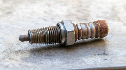 electrodes. Close-up of a spark plug with carbon buildup on a garage workbench. safety posters, maintenance manuals, designed for industrial assembly lines and welding operations.