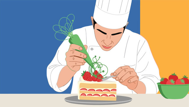 Professional male pastry chef meticulously decorating a strawberry layer cake with green frosting using a piping bag in a kitchen.
