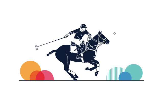 Dynamic illustration of a polo player on a dark horse skillfully hitting a ball with a mallet during a fast-paced game.