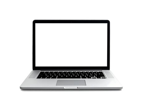 Silver laptop open facing forward, blank white screen. Isolated on a white background