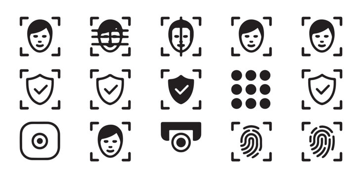 Facial recognition biometric scanning and security shield icons for user verification system