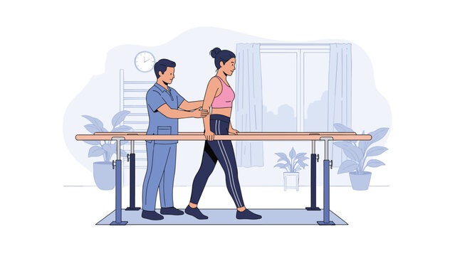 Female patient practicing walking with parallel bars under the guidance of a male physical therapist in a rehabilitation clinic.