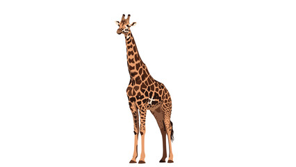 Obraz premium Large adult giraffe with a distinctive brown and orange spotted pattern standing tall against a plain white background.