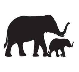 Graphic silhouette of a majestic adult elephant with its young calf, symbolizing profound family bonds, maternal care, and the gentle strength of the animal kingdom