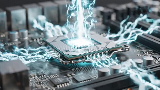 Closeup of a computer processor on a motherboard with electrical energy effects.