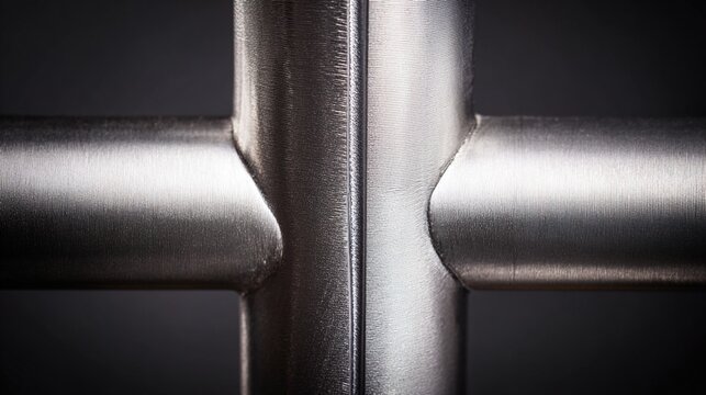 brazing. Extreme close-up detail of a smooth silver brazing seam between two steel surfaces. safety posters, maintenance manuals, designed for industrial assembly lines and welding operations.