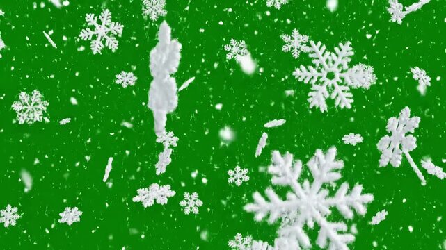 Medium Density Snowstorm with isolated falling snow on green screen distortion, overlay, glitch, static noise, scan lines black background, 4k animated video loop