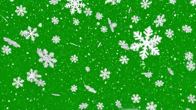 Detailed Macro Snow with isolated falling on green screen distortion, overlay, glitch, static noise, scan lines black background, 4k animated video loop