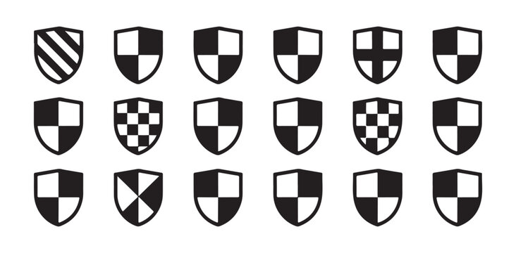 Diverse shield icons featuring checkered patterns for defense security protection emblem designs