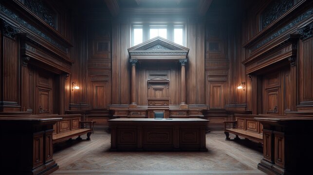 Grand courtroom with ornate wooden paneling and judge's bench bathed in natural light