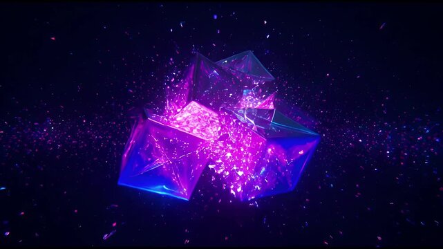 Abstract Futuristic Cubes Merging and Exploding with Glowing Digital Particles