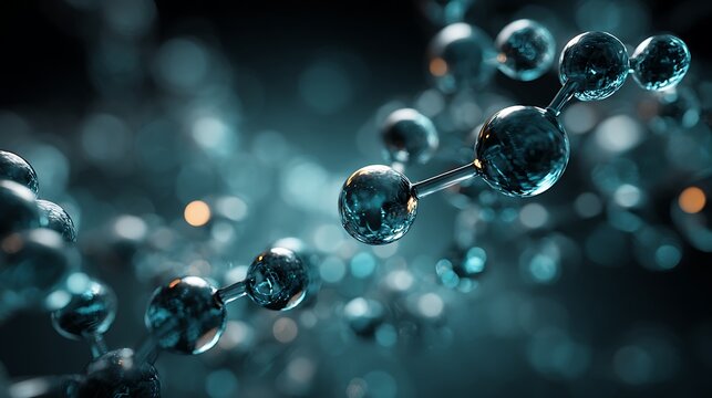 Glass molecular structure glowing softly in a dark futuristic lab environment.