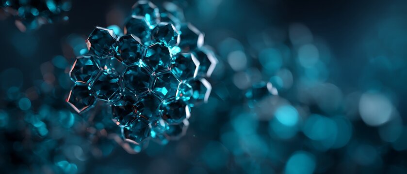 Wide banner composition with molecule centerpiece and dramatic lighting.