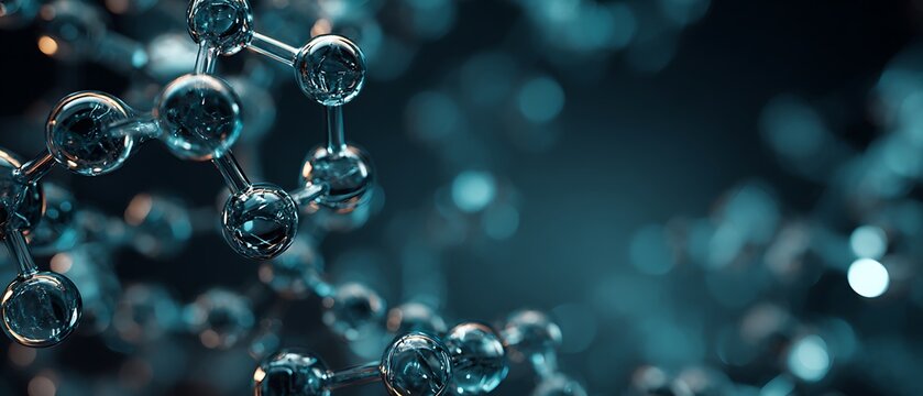 Wide banner composition with molecule centerpiece and dramatic lighting.