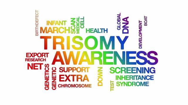Trisomy awareness concept Animated Tag Word Cloud kinetic typography, Text Design Animation typography seamless loop video motion graphics Intro Wordart down syndrome rainbow type on white background 