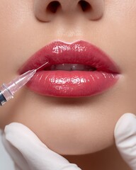 Naklejka premium Close-up medical aesthetic procedure injecting dermal filler into lips.
