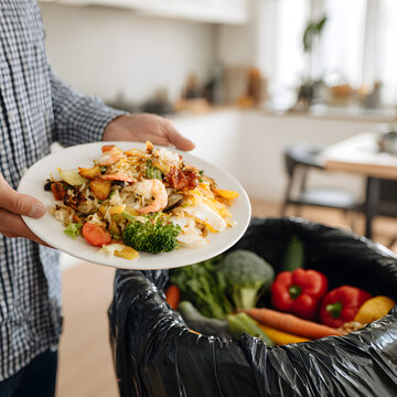 Food Waste at Home, Throwing Away Leftover Meal into Kitchen Trash Bin