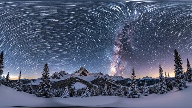 Winter mountain landscape under a starry night sky with star trails.