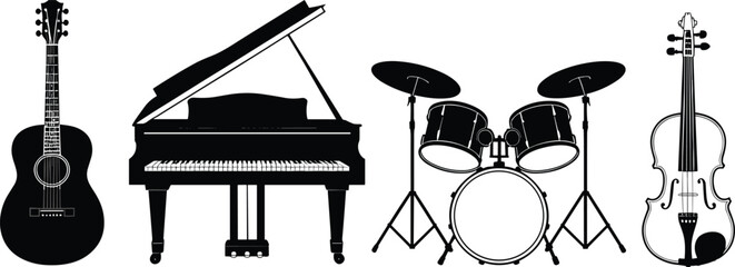Black silhouette musical instrument collection featuring acoustic guitar, grand piano, drum set and violin isolated on light background representing orchestra band performance concept © Anu's World