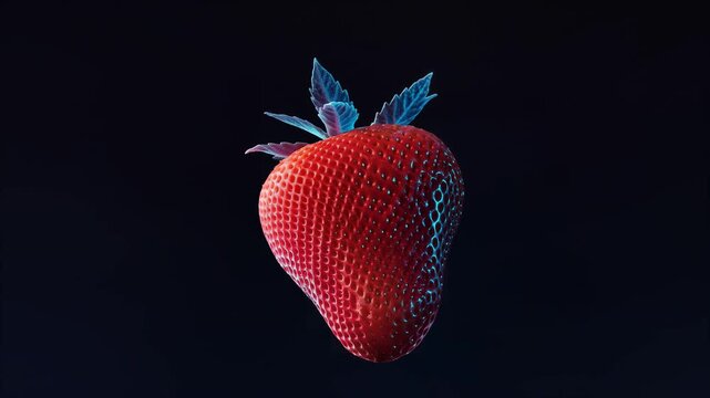 3D rendered strawberry with wireframe mesh on dark background.