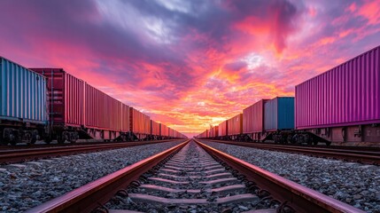 Fototapeta premium Freight train containers on tracks at sunset