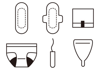 ナプキン・タンポン・月経カップなどのサニタリー用品・多様な生理用品のアイコンセット