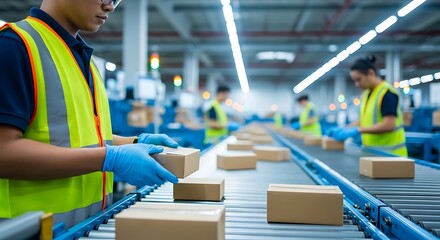 Fototapeta premium Workers in high-visibility vests handling packages on conveyor belts in a large warehouse facility