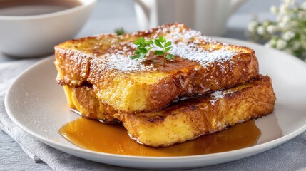 Golden Brown French Toast Stack Dusted With Powdered Sugar And Drizzled With Syrup